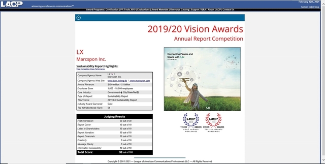 ▲LX 지속가능경영보고서의 '2019·2020 비전어워드' 금상과 글로벌 TOP 100 보고서 인증이 공지된 LACP 공식홈페이지 화면